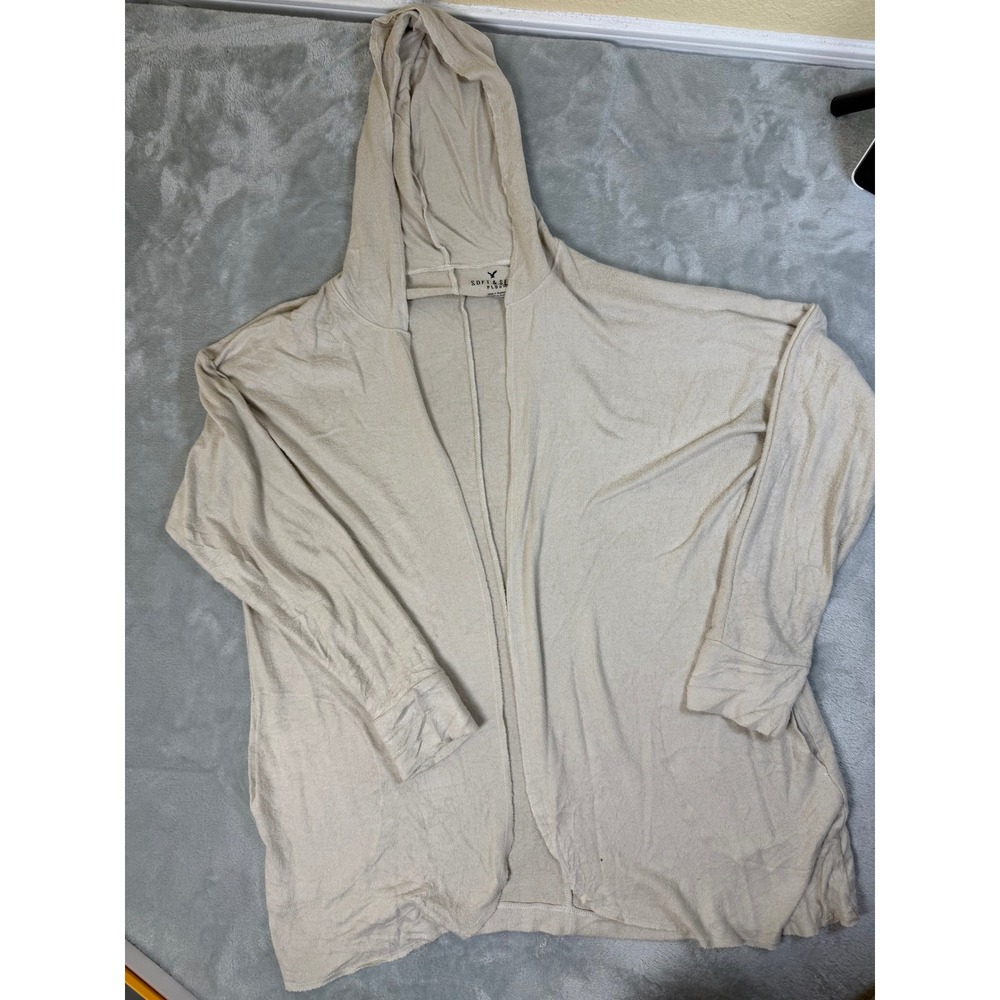 AMERICAN EAGLE Cardigan Womens Medium Beige Soft & Sexy Hooded Open Front